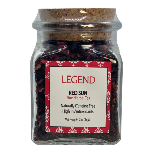 a glass jar filled with red sun fine herbal tea.