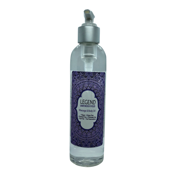 Lavender field massage & body oil bottle on white surface.