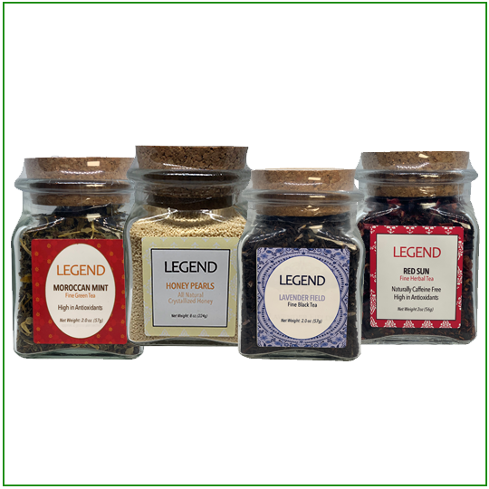 a row of jars filled with different types of Tea Set