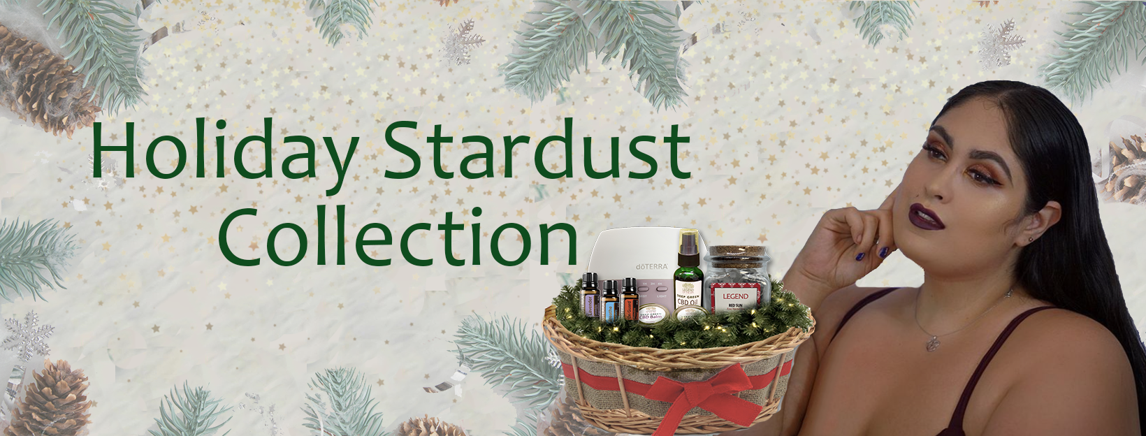 a woman holding a basket of holiday products.